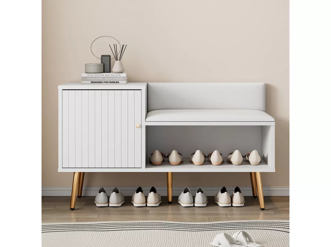 Banc à chaussures moderne avec 3 portes et coussin - pièds et poignées en métal - coloris blanc - 100 x 38 x 58 cm