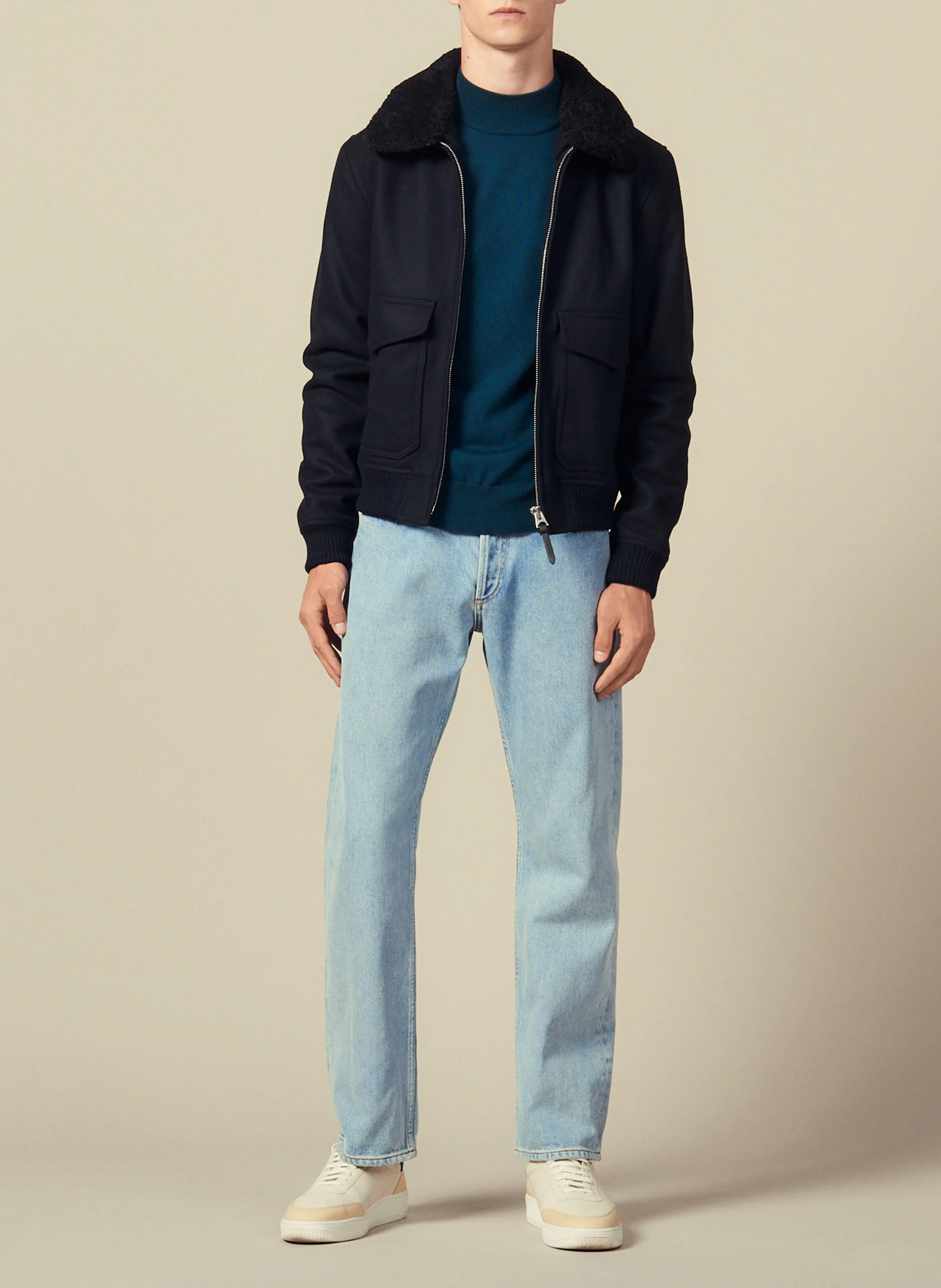Blouson col sherpa regular-fit en laine mélangée | Bleu