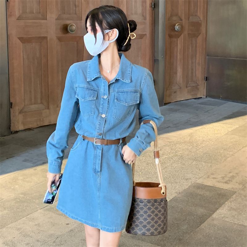 Sienne - Henley denim mini-overhemdjurk met lange mouwen