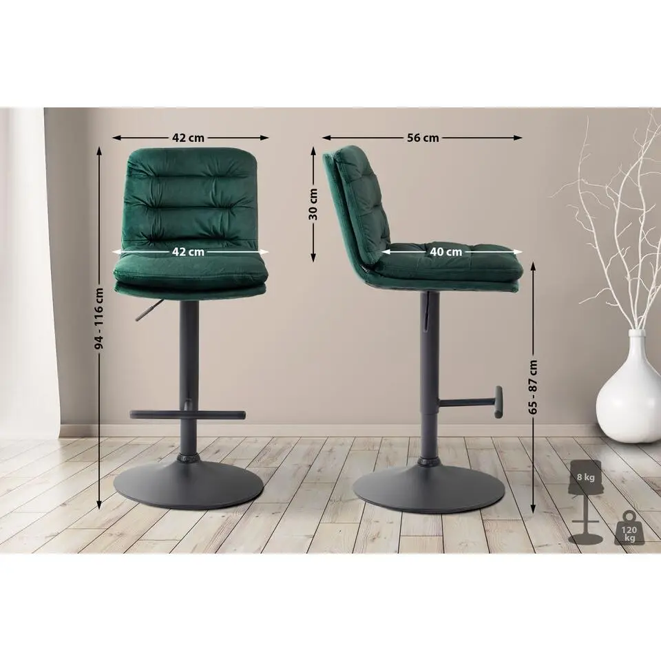 CLP Barkruk Damar zwart Frame - Fluweel - groen