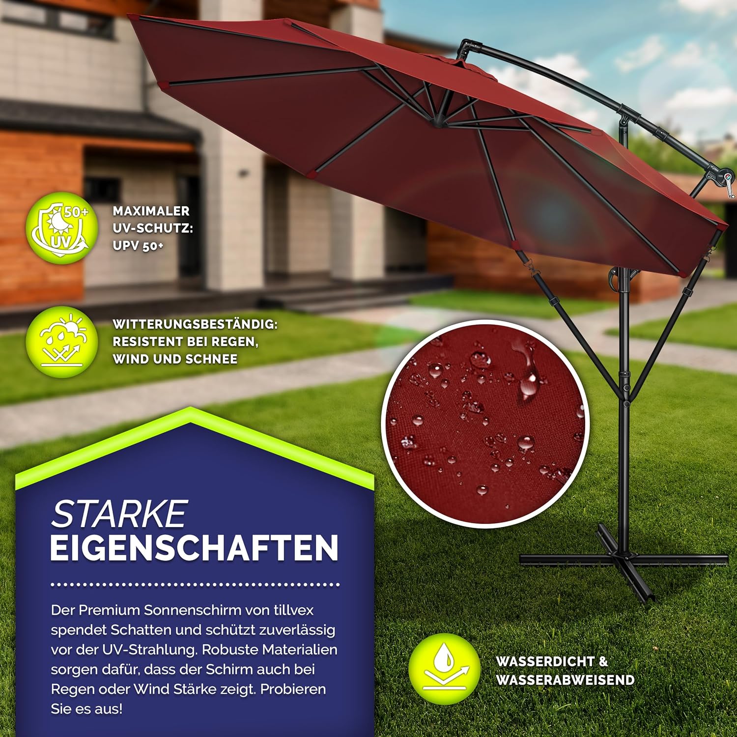 tillvex Alu Sonnenschirm + Abdeckung Ø 300 cm mit Kurbel | Ampelschirm mit Ständer & Windschutz | Gartenschirm UV-Schutz Aluminium | Kurbelschirm Marktschirm wasserdicht 360° drehbar