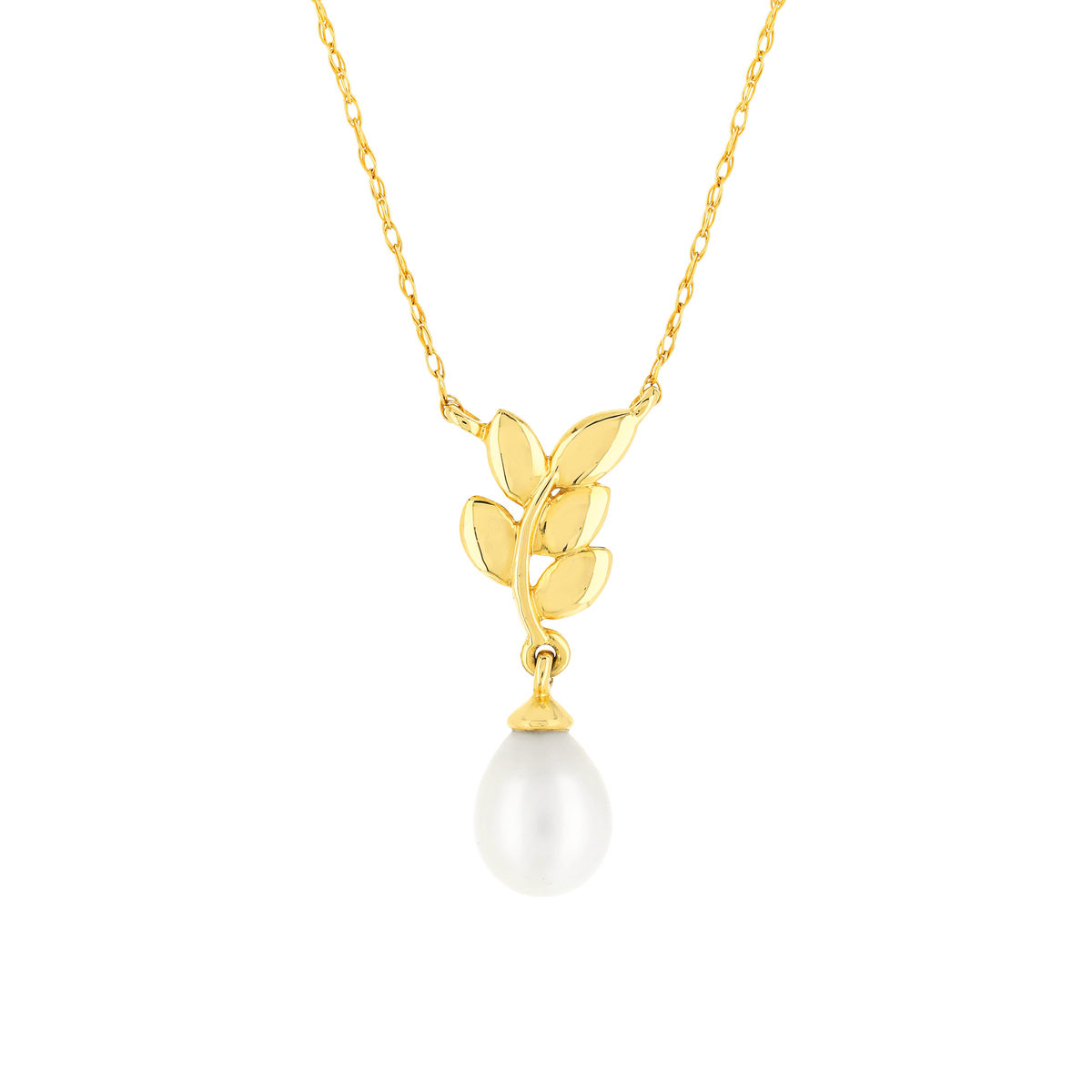Collier or jaune 375, perle motir feuille. Longueur 45 cm.