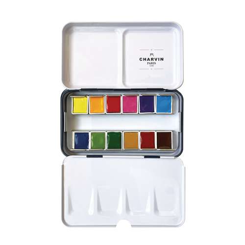 CHARVIN extrafeine Aquarellfarbe, 12 x 1/2 Näpf., Metallkasten