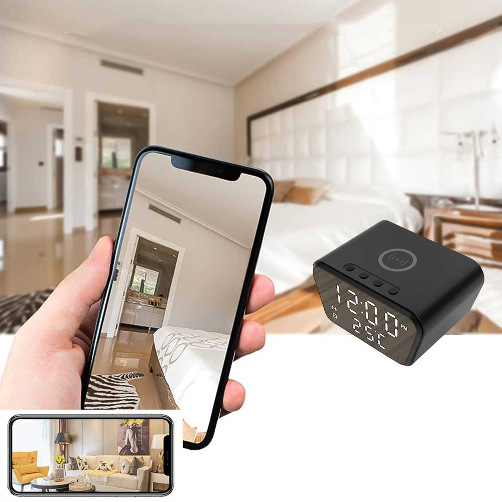 Full-HD Mini Kamera in Digital-Wecker-Gehäuse mit Wireless Charging Ladestation   Micro SD Kartenslot (iOS/Android) - Schwarz