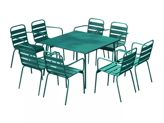 Salle à manger de jardin en métal - une table L.120 cm et 8 fauteuils empilables - Bleu canard - MIRMANDE de MYLIA