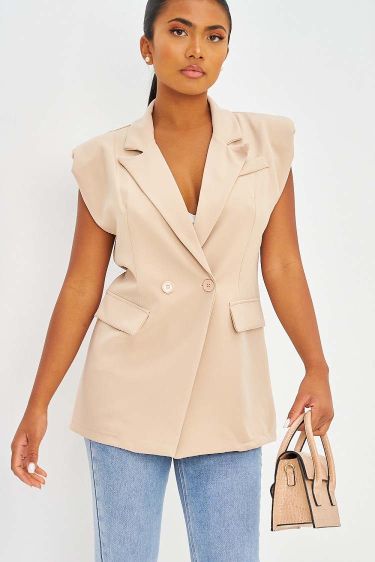 Blazer long à épaulettes sans manches beige