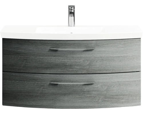 Pelipal Sunline 104 badkamermeubelset (B x H x D 161 x 200 x 50,5 cm), grafiet getextureerde fronten, 5-delige set bestaande uit witte mineraalstenen wastafel, badmeubel en spiegelkast met LED-verlichting.