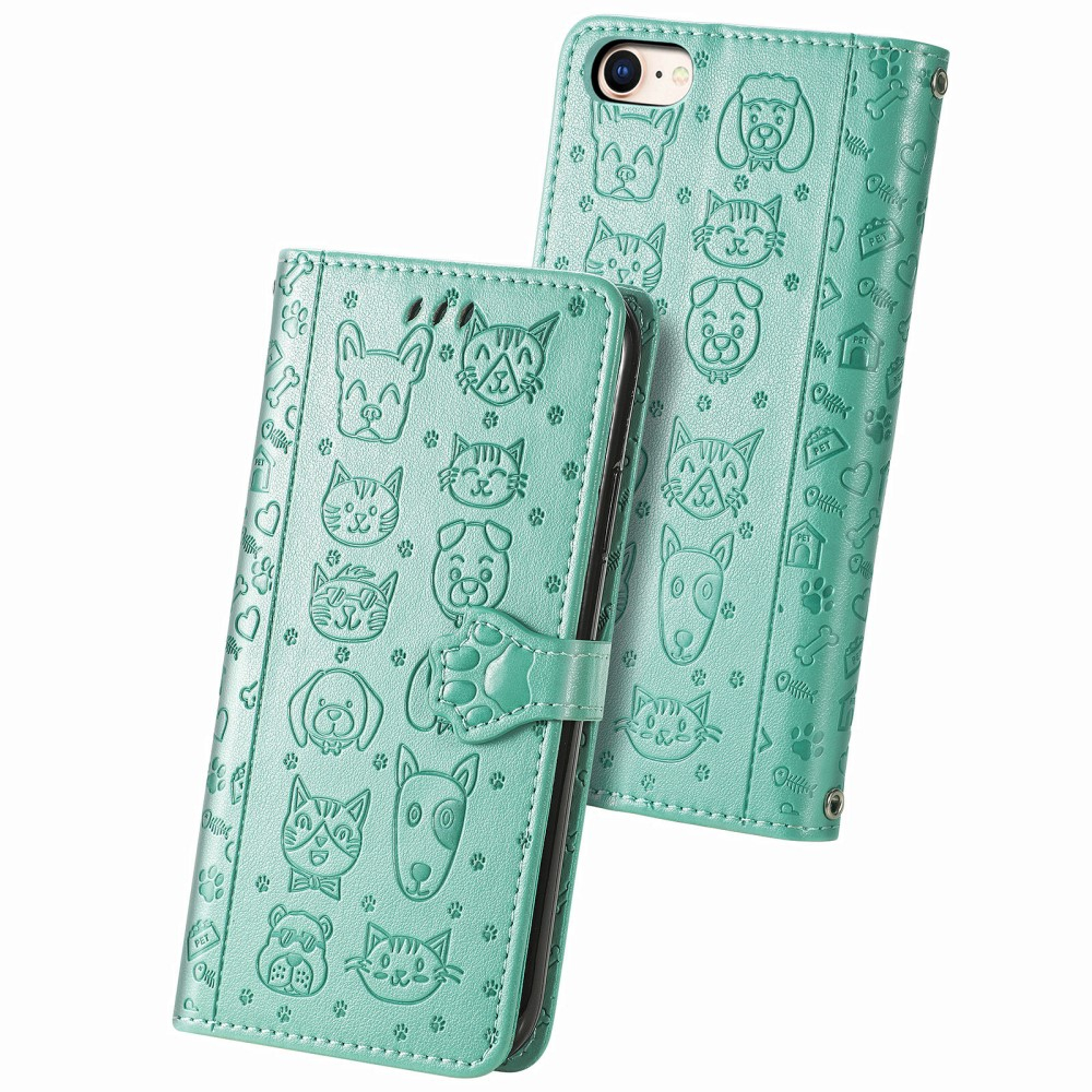 iPhone SE (2022/2020) / 8 / 7 / 6S Leder Tasche Flip Cover Hunde & Katzen Imprint - Türkis