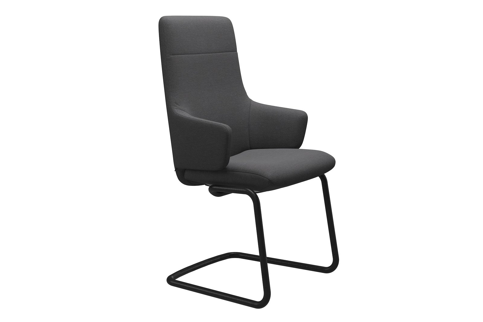 Chilli spisestol I tekstil Lotus Dark grey. Høy rygg med arm og sort  D400 understell.
