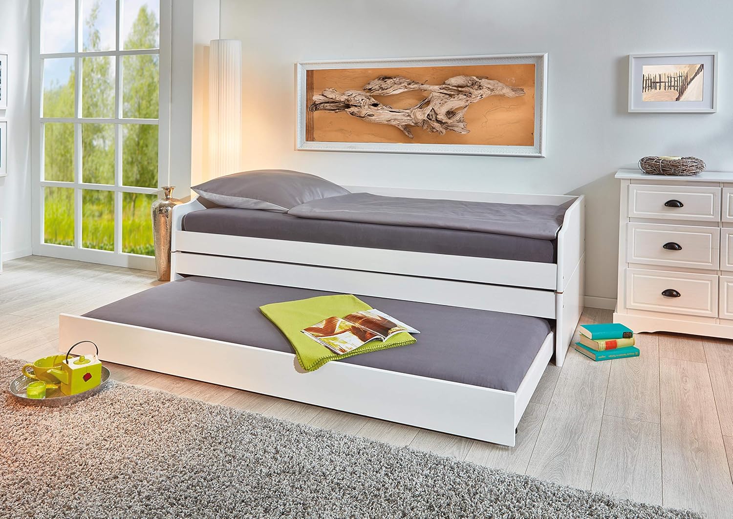 Inter Link - Funktionsbett - Stauraumbett - Bett mit Schubladen - Kiefer massivholz - Für Kinder, Jugendliche - Einzelbett - Gästebett - 2 Lattenroste - 3 Liegeflächen - Weiß - Lotar - 90x200 cm