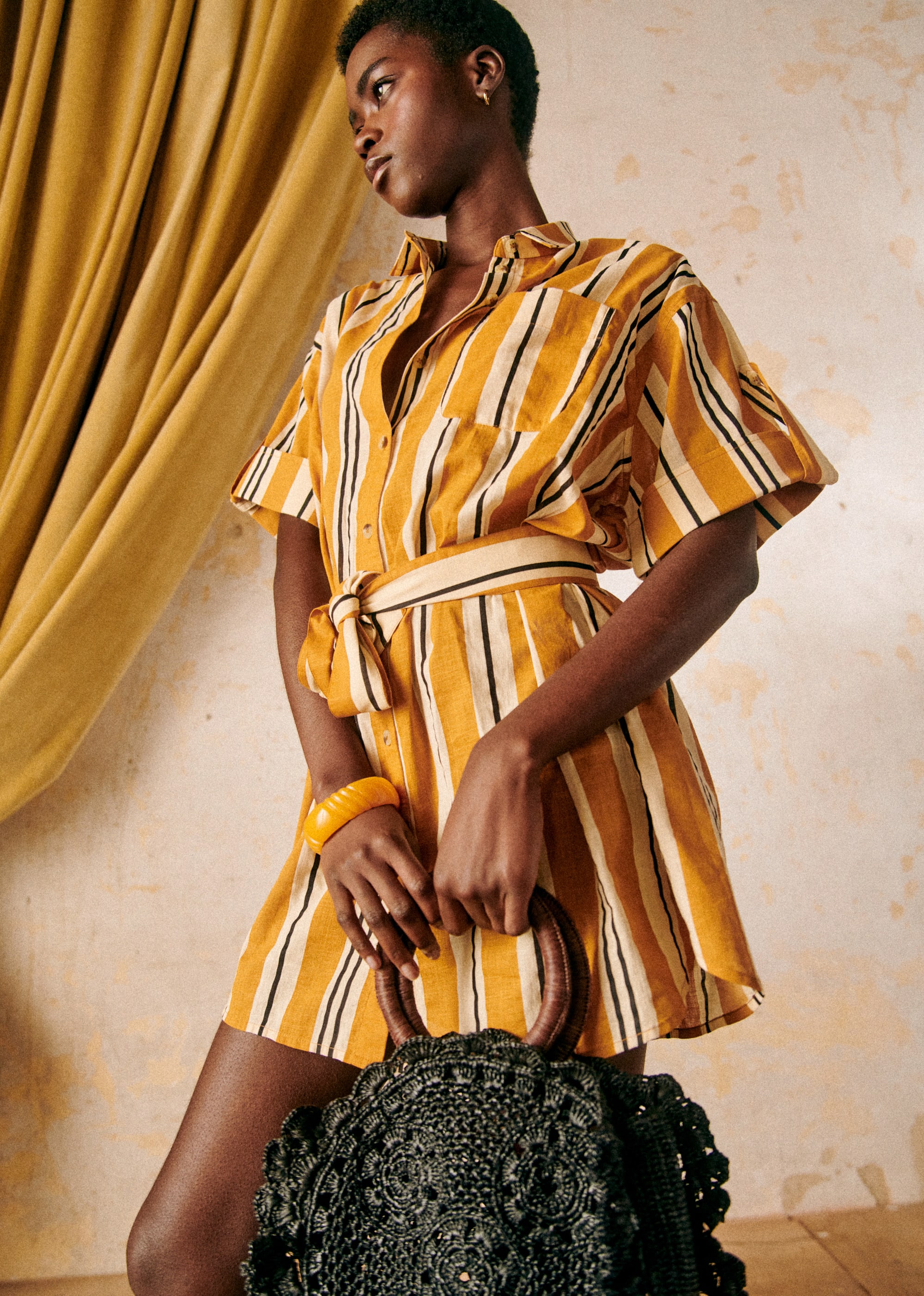 Robe Célia - Rayure Ocre Ecru Noir - E-SHOP/ROBES 5905185