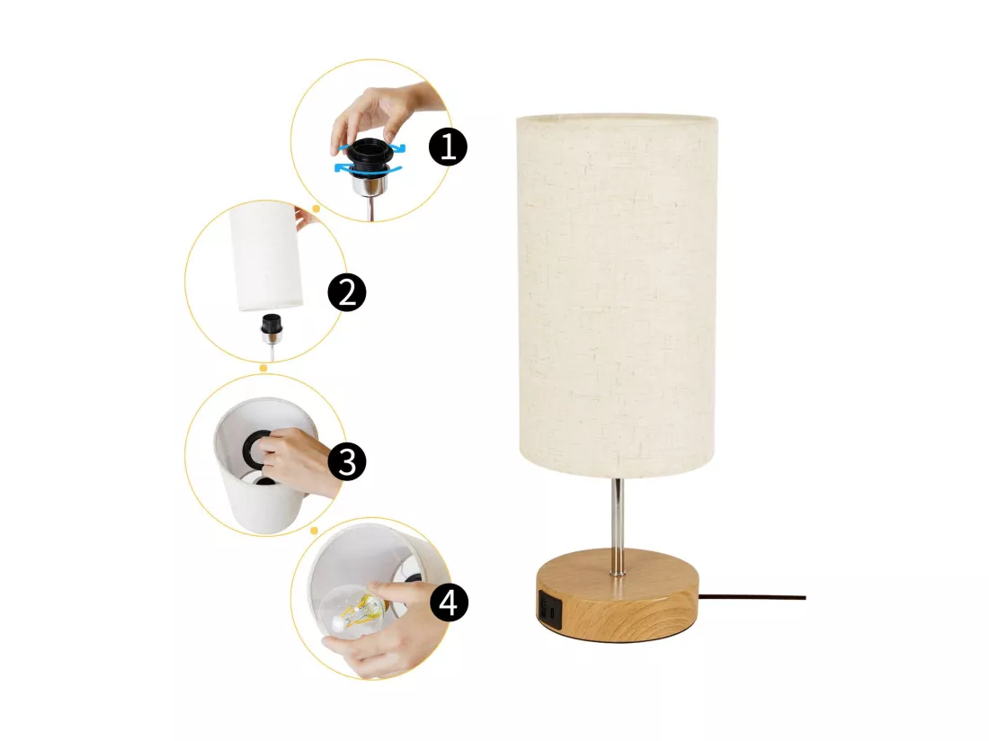 NETTLIFE Lampe de table tactile dimmable E27 abat-jour en tissu moderne avec fonction de chargement USB