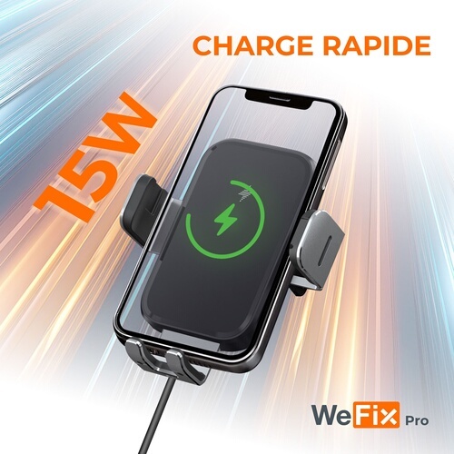 Accessoire téléphonie pour voiture Wefix Pro Support Voiture avec charge a induction 15W 3en1 + Cable Noir