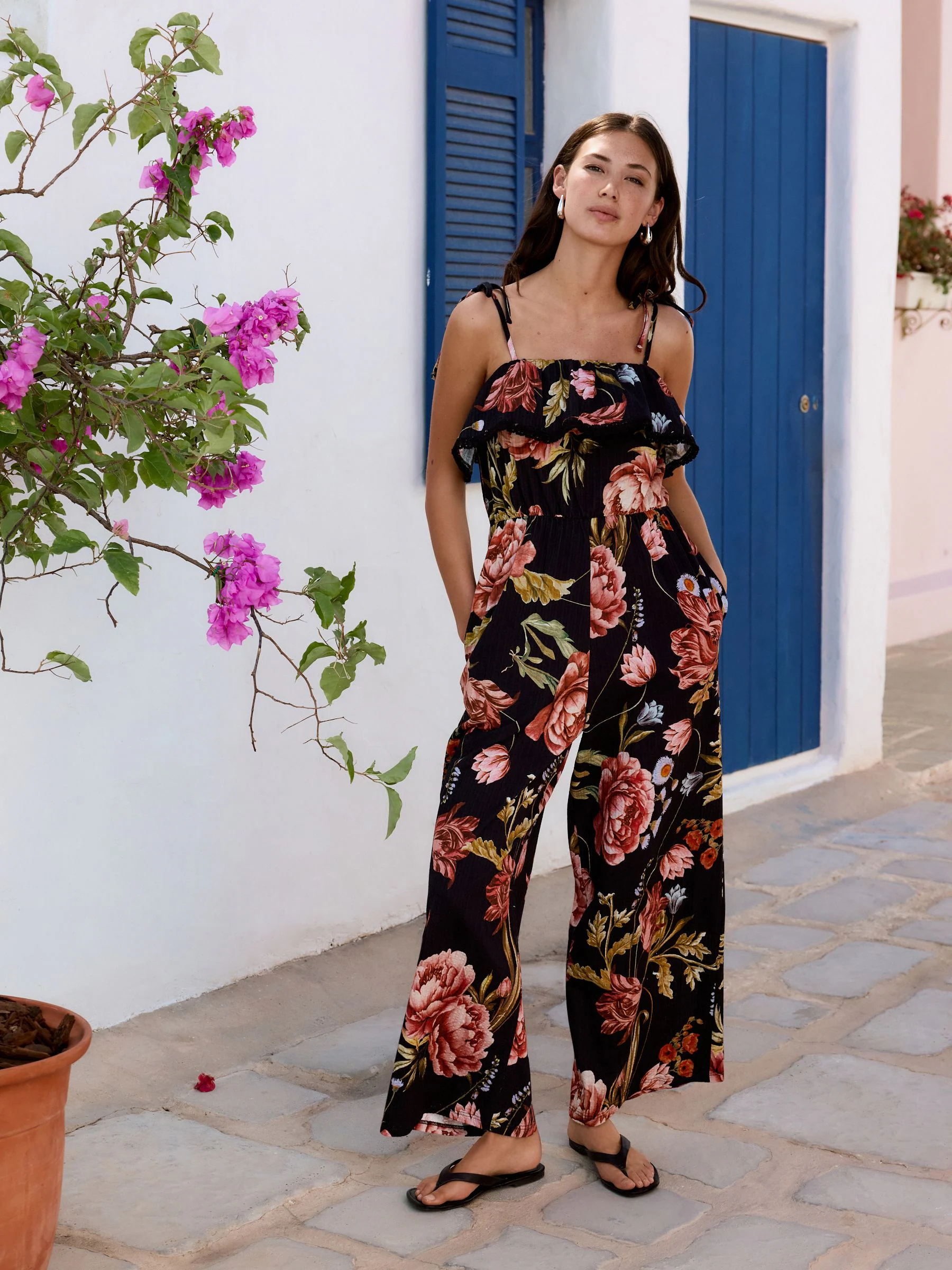 Zwart/roze - Bandeau-jumpsuit van jersey met wijde pijpen