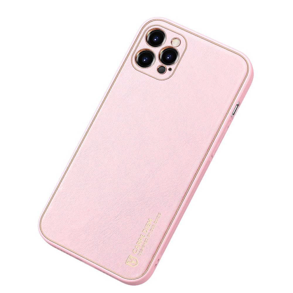 iPhone 12 Pro Galvanisierte Hardcase Hülle mit Lederüberzug - Rosa