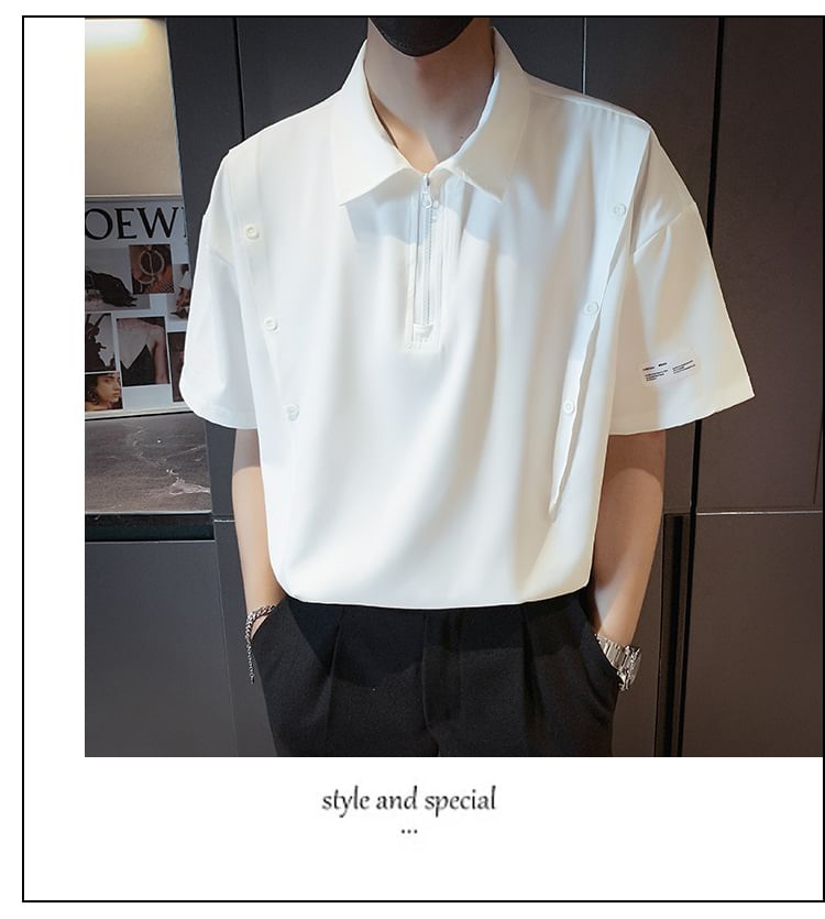 Hushgrain - Poloshirt met korte mouwen, revers en rits, effen en losvallend
