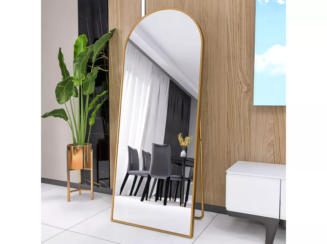 Miroir pleine longueur 165 x 60 cm, sur pied, suspendu ou appuyé, grand miroir de sol avec cadre en alliage d'aluminium doré pour salon ou chambre à coucher, Arc