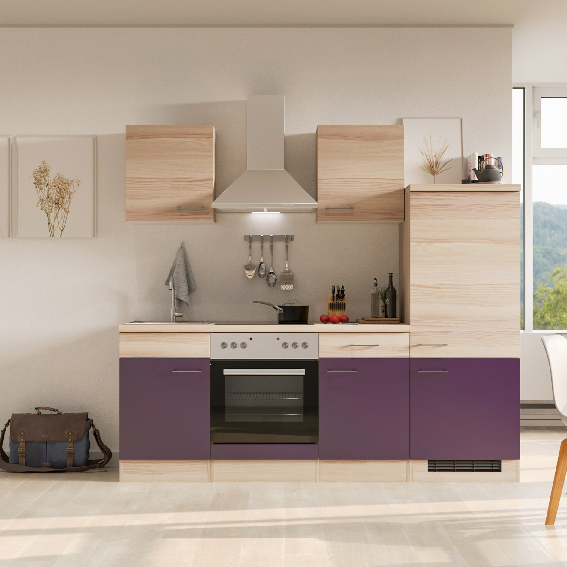 Küchenblock FOCUS - Akazie - aubergine - mit E-Geräten - 220 cm