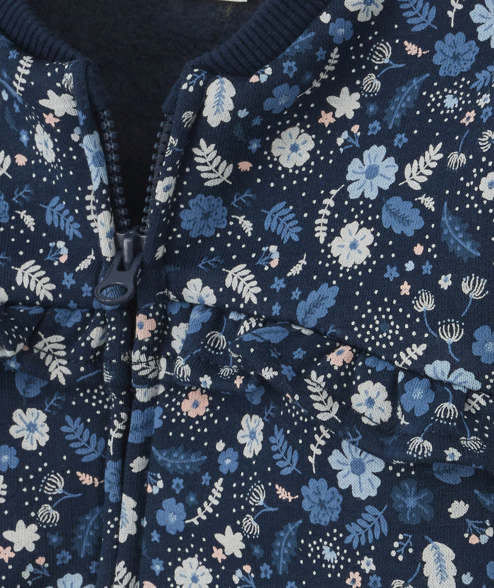 GILET BLEU ET FLEURI AVEC VOLANTS BÉBÉ FILLE EN FIBRES RECYCLÉES