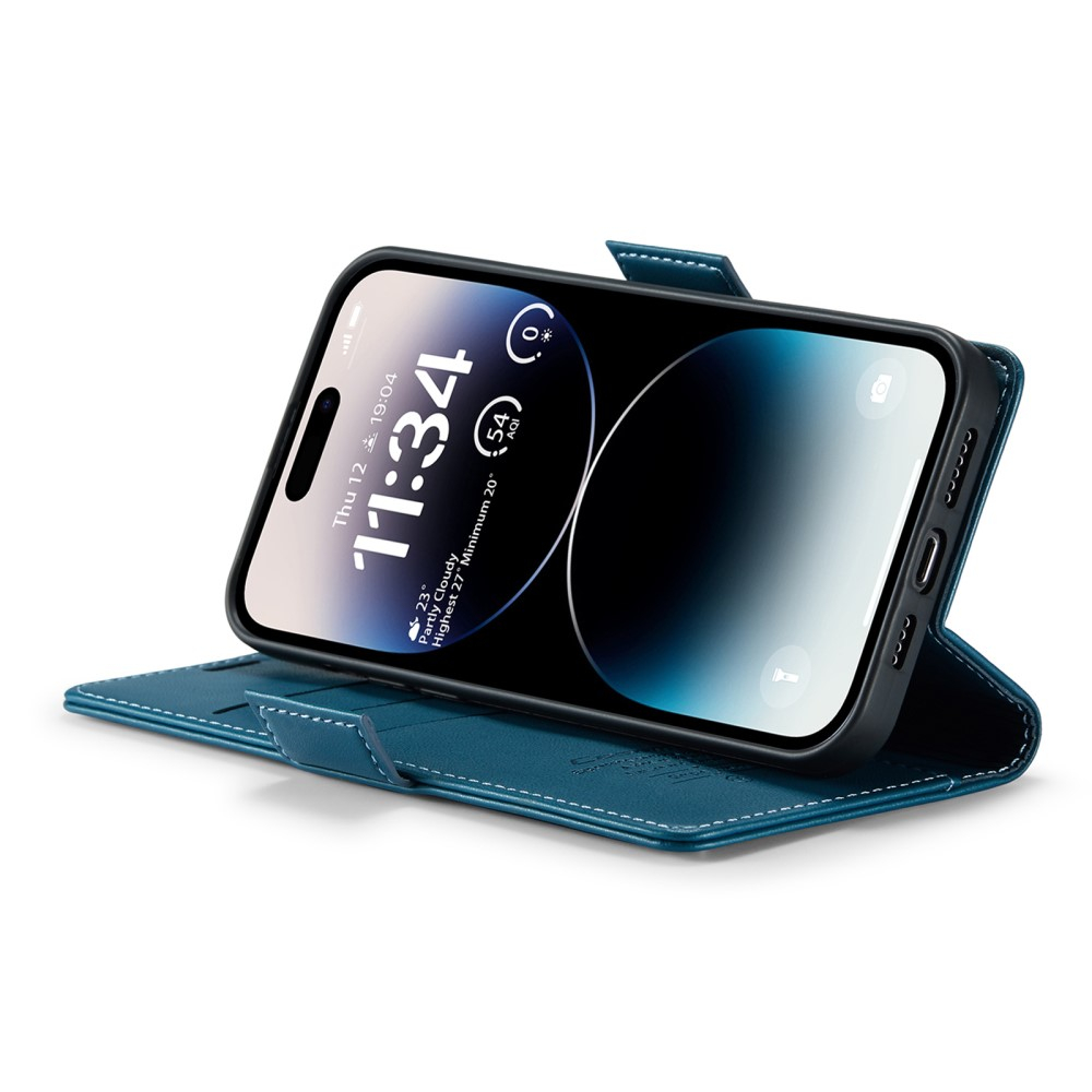 iPhone 14 Pro Leder Tasche Flip Wallet Etui mit Kartenfächern Litchi Look (RFID Schutz) - Blaugrün