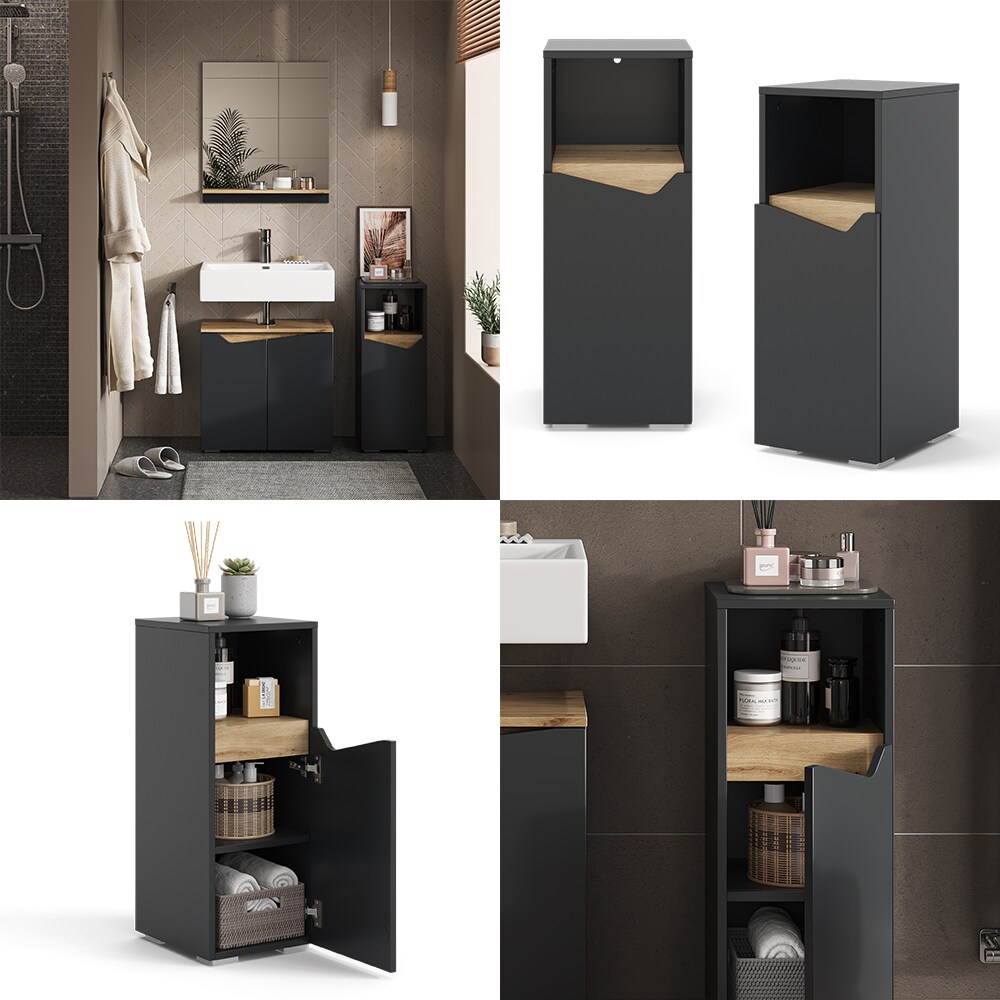 Vicco Midischrank Marelle Anthrazit Eiche 30 x 74,5 cm mit Tür und offenem Fach