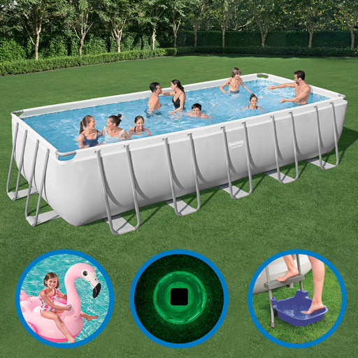 Conjunto para piscina retangular Bestway 640x274x132 cm com acessórios e limpador de piscina.