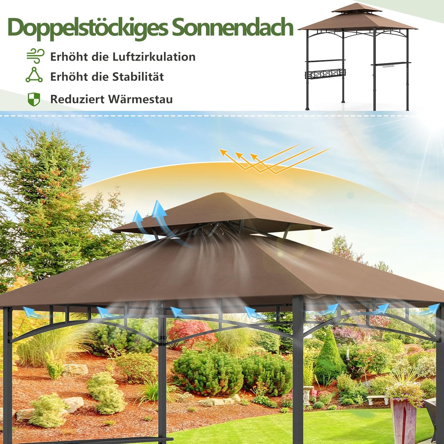 COSTWAY Grillpavillon mit Doppeldach, Seitenregalen, Metallkorb, Haken und Flaschenöffner, Grillüberdachungen wetterfest, Grillunterstand für Garten, Außenbereich, 242 x 153 x 250 cm (Braun)