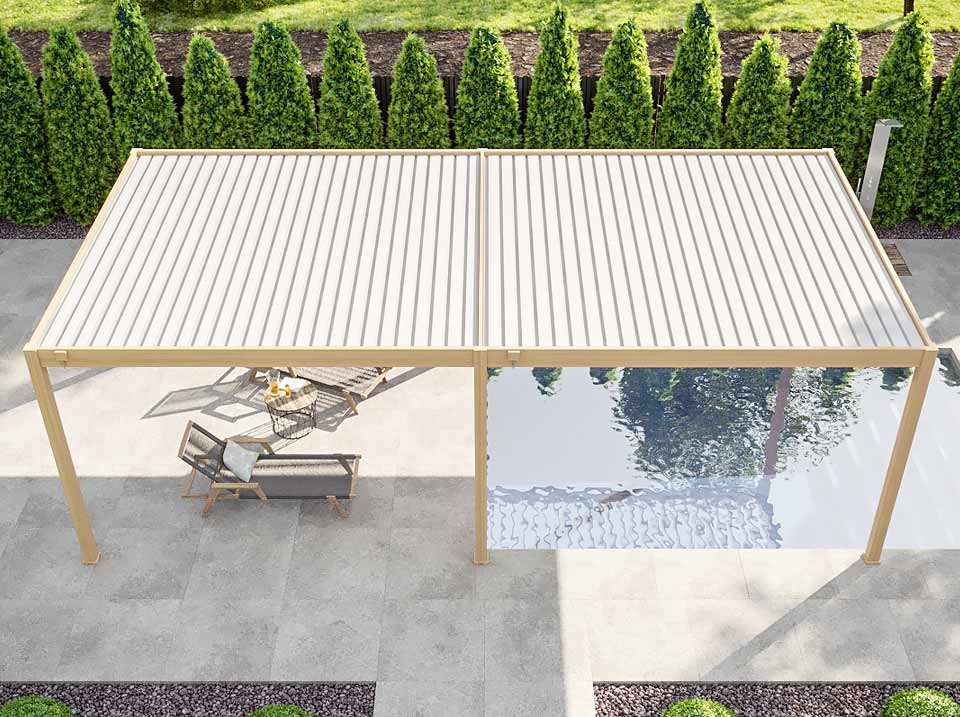 Pergola bioclimatique 4x8m autoportee eclipse 32 - effet bois - 50 lames orientables 120° - structure en aluminium