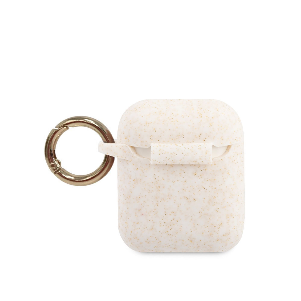 AirPods (1. & 2. Generation) Silikon Schutzhülle mit Scharnierring (GUACCSILGLWH) - Weiss / Gold (Glitzer)