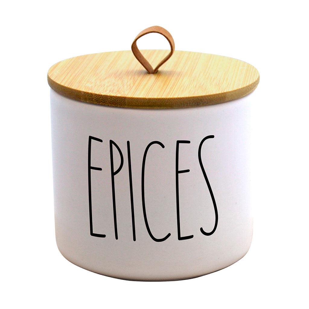 Pot à épices céramique et couvercle bambou blanc D 9.6x9.1cm