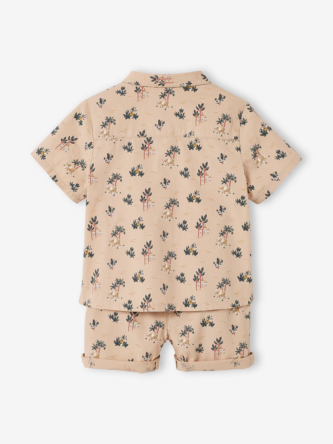 Conjunto de camiseta e shorts bege para bebê com estampa.