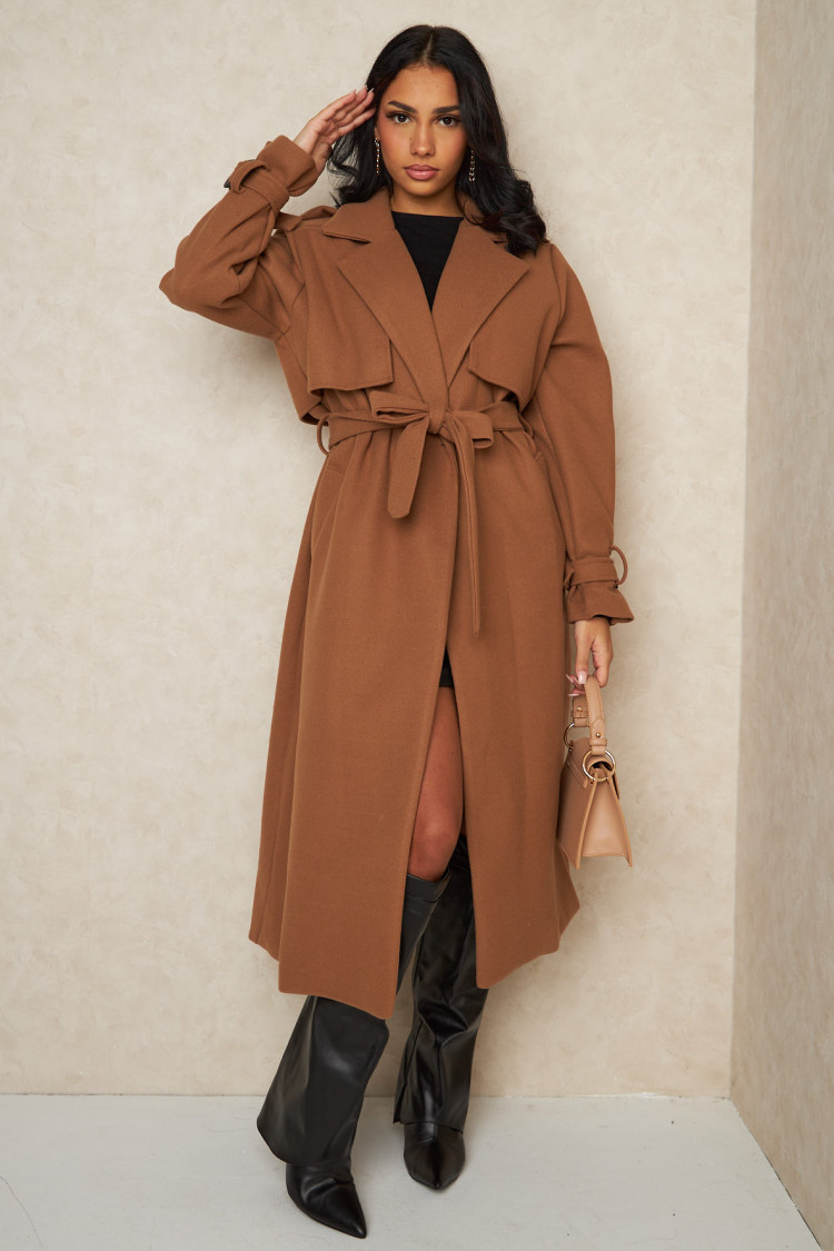 Manteau long texturé style trench camel