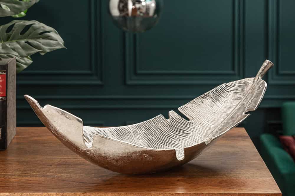 Design Deko Schale SILVER LEAF 65cm silber Blatt Design Metall Handarbeit
