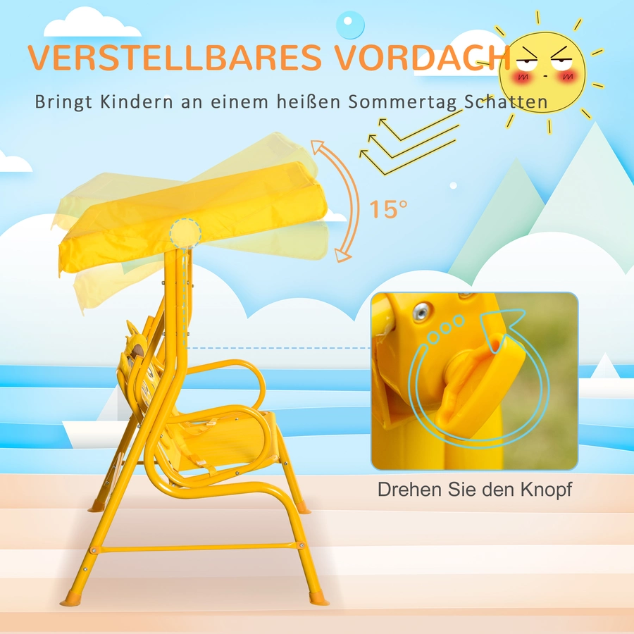 Outsunny Kinder Hollywoodschaukel mit dem Tigermuster, mit dem winkelverstellbaren Verdeck gelb