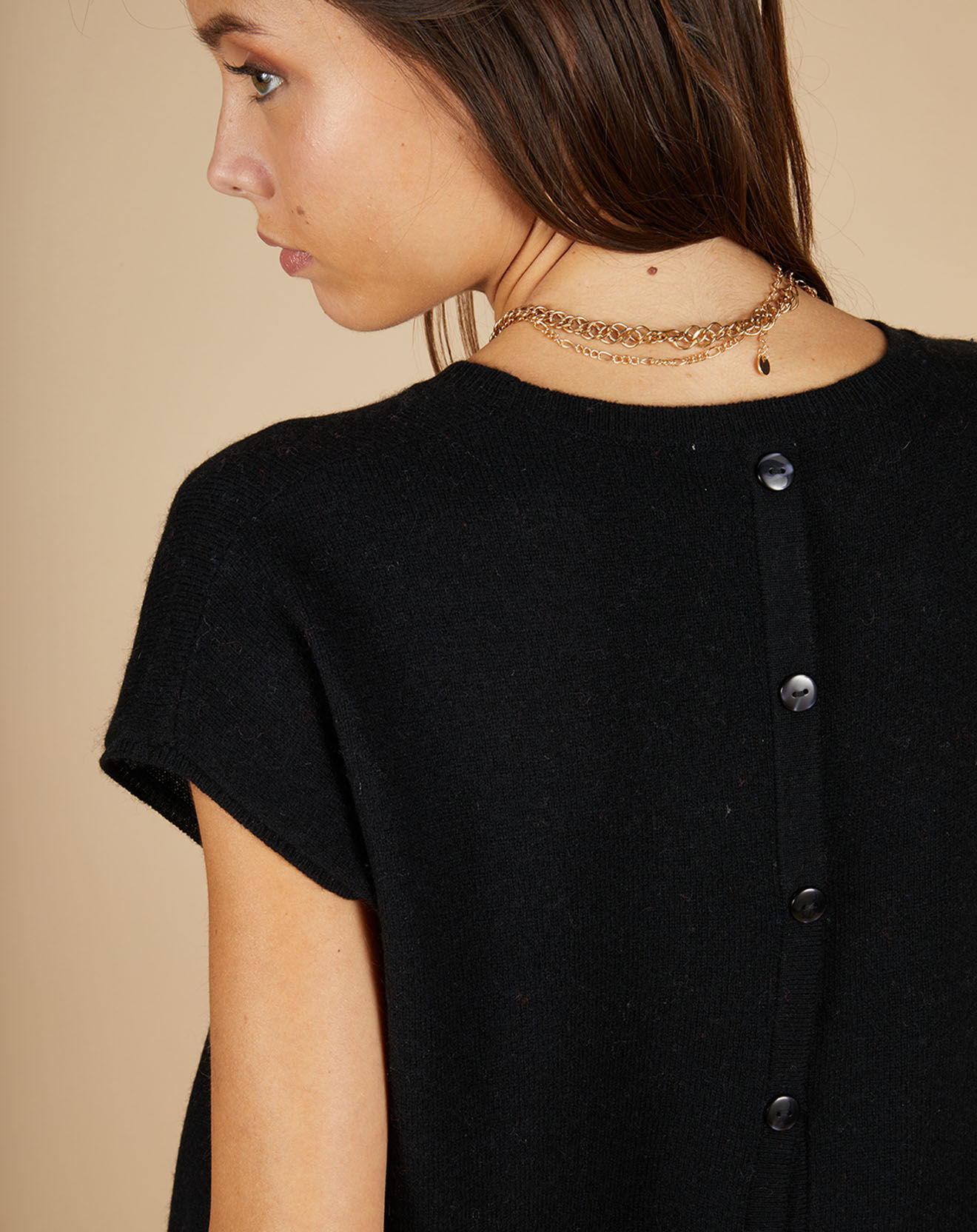 Cashmere Tribu Pull 100% Cachemire manches courtes Charline boutons au dos noir
