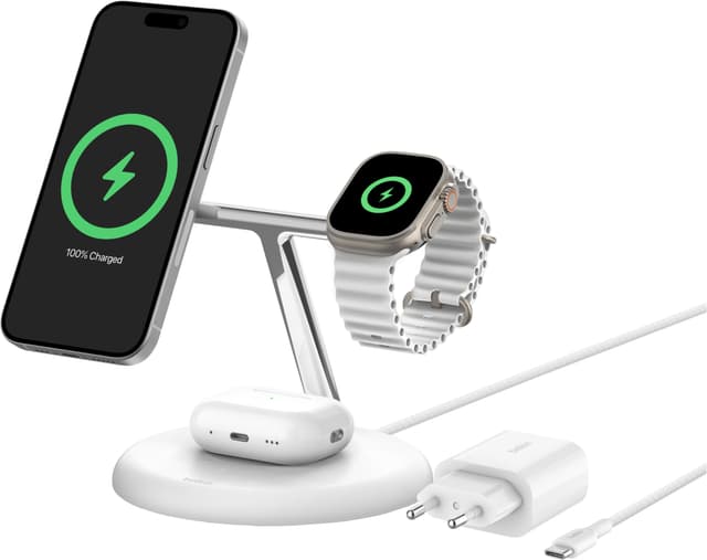 Belkin BoostCharge Pro 3-i-1 Qi2 trådløs opladningsstander (hvid)
