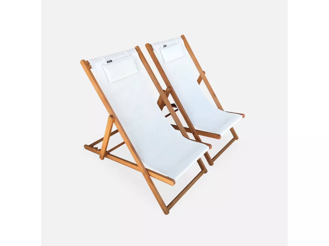 Chiliennes bois - Creus - 2 transats en bois d'Eucalyptus huilé avec coussin repose-tête blanc