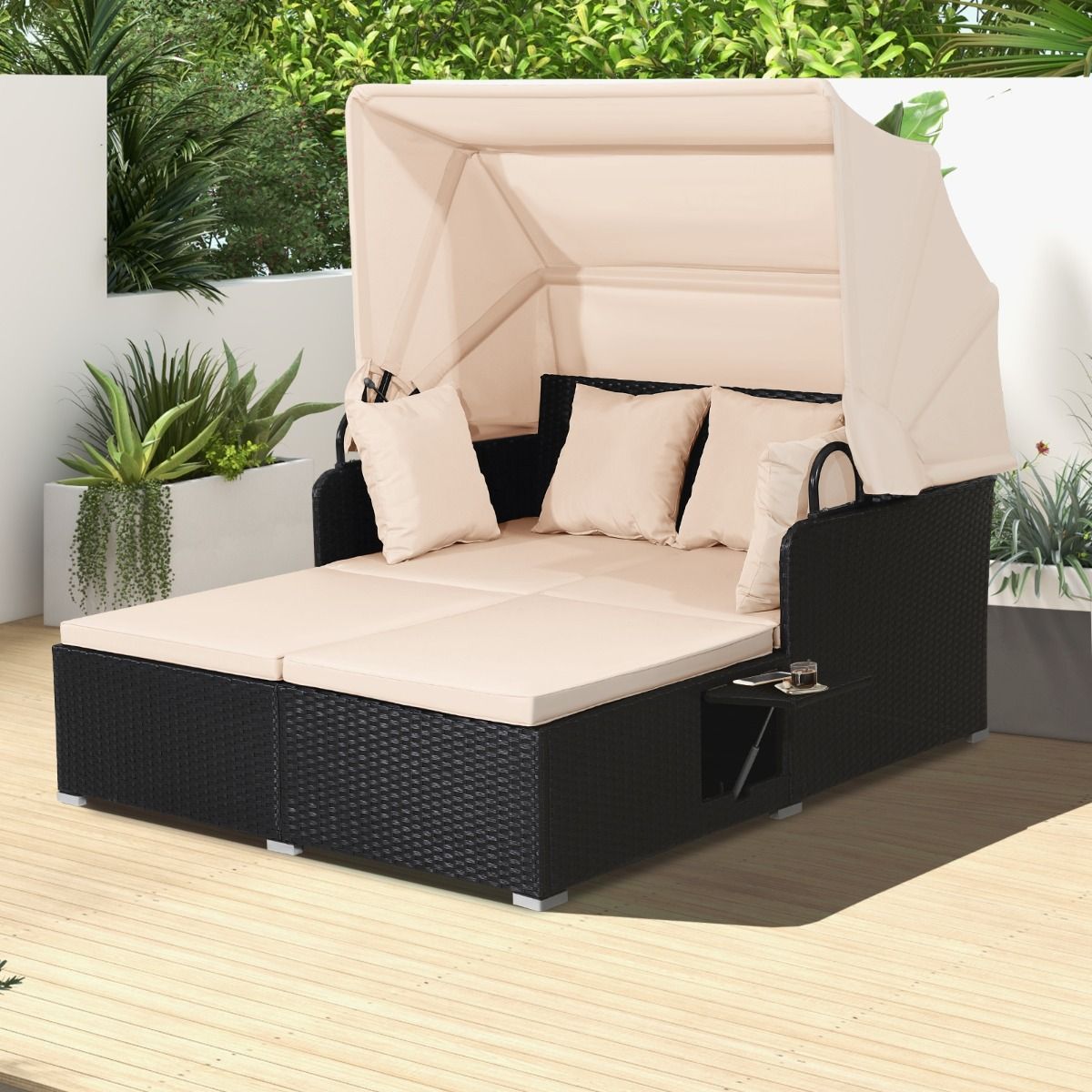 Chaise Longue à 2 Places en Rotin avec Auvent Rétractable Bain de Soleil avec Panneaux Latéraux Pliables Charge 360KG Beige/Gris - Lidl-Manfred