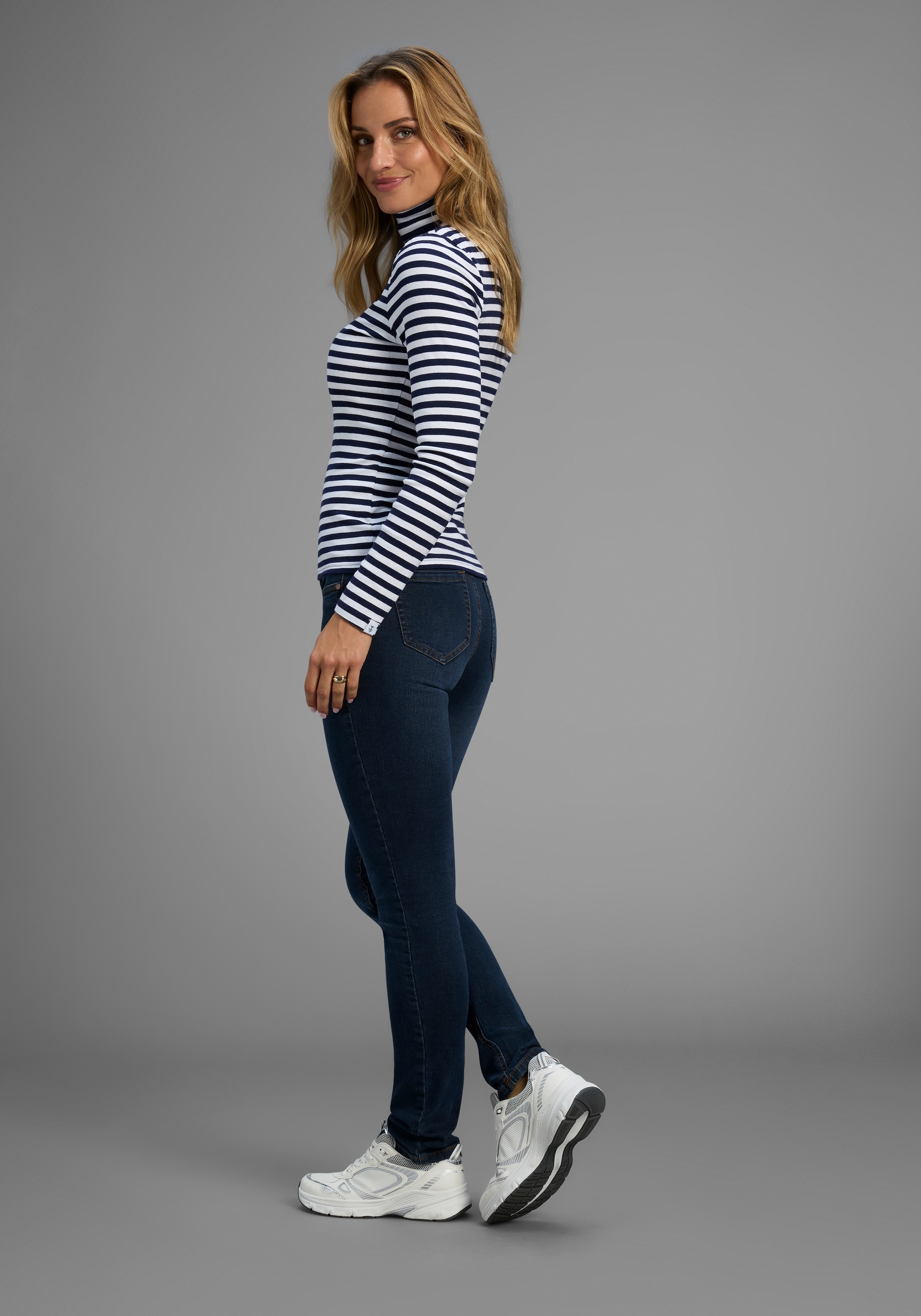 Arizona Slim-fit-Jeans »Bund mit seitlichem Gummizugeinsatz«, schmale Passform,  Röhrenjeans,  Used-Waschung,  hohe Leibhöhe