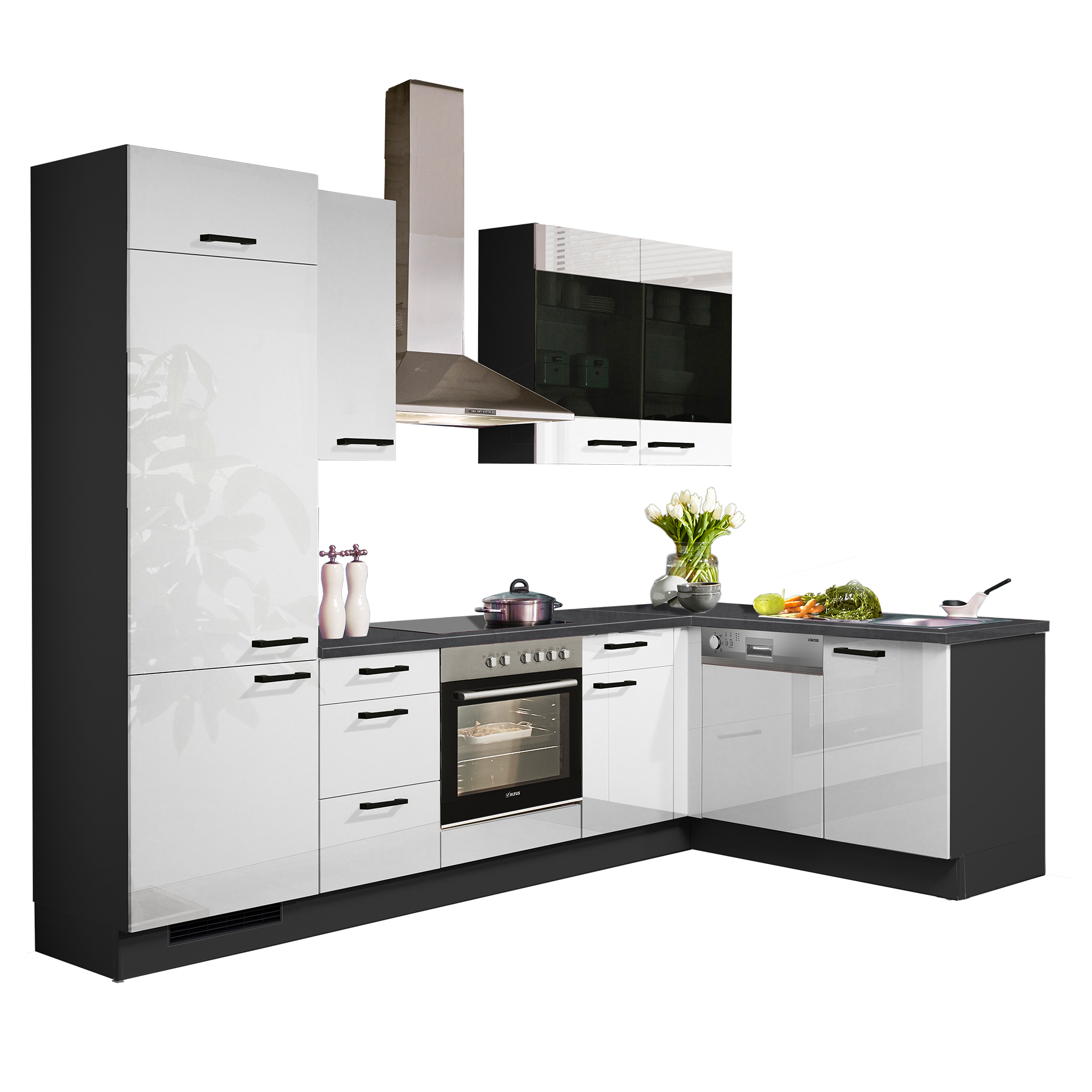 pino Winkelküche PN220 - Lacklaminat weiß Hochglanz - graphit - Kühlschrank links - 275x175 cm
