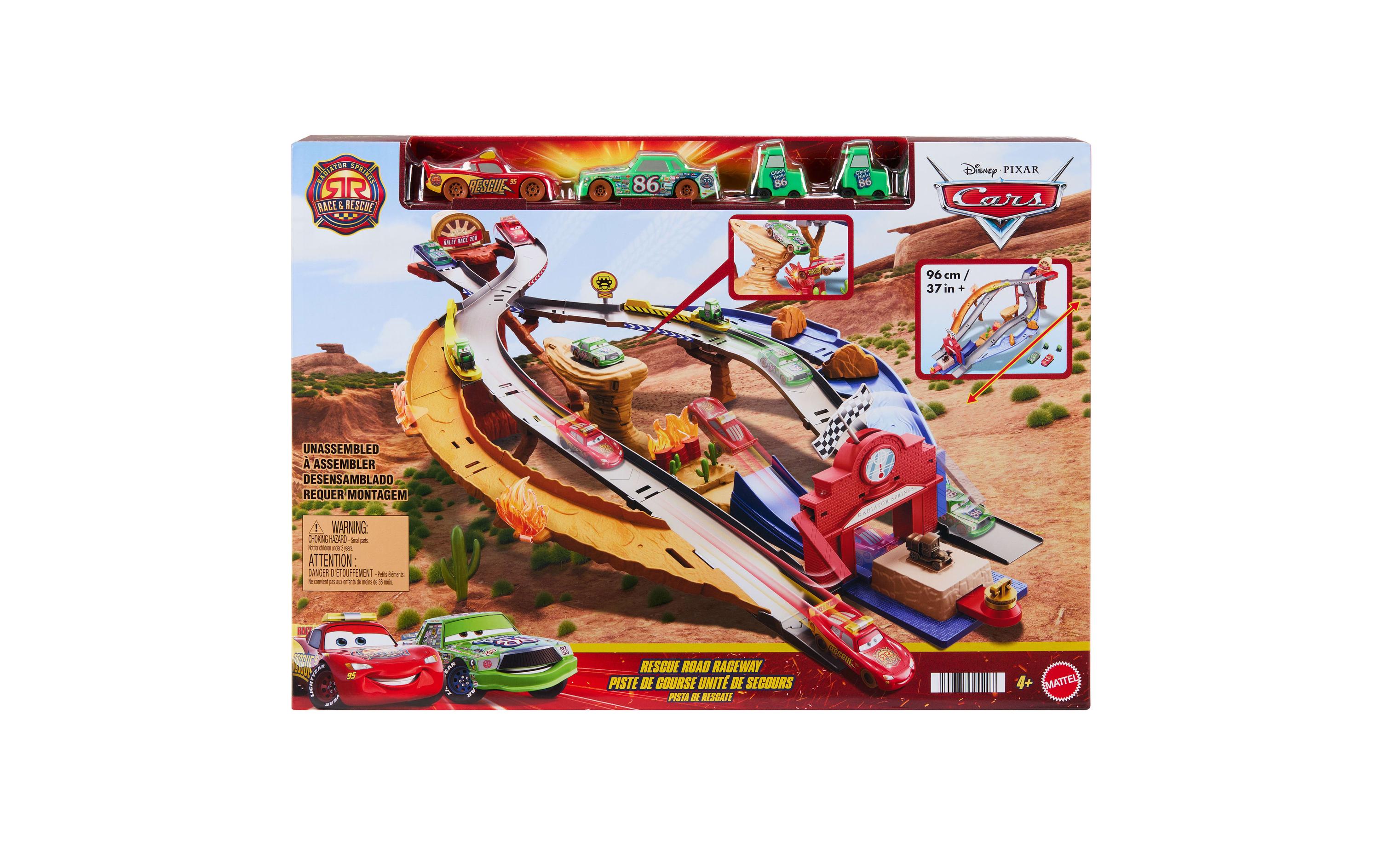 Disney Cars Radiator Springs Race & RescueRettungsweg-Rennstrecke Spielset mit 4 Spielzeugautos