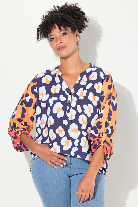 Bluse, Leo-Mustermix, Tunika-Ausschnitt, Langarm
