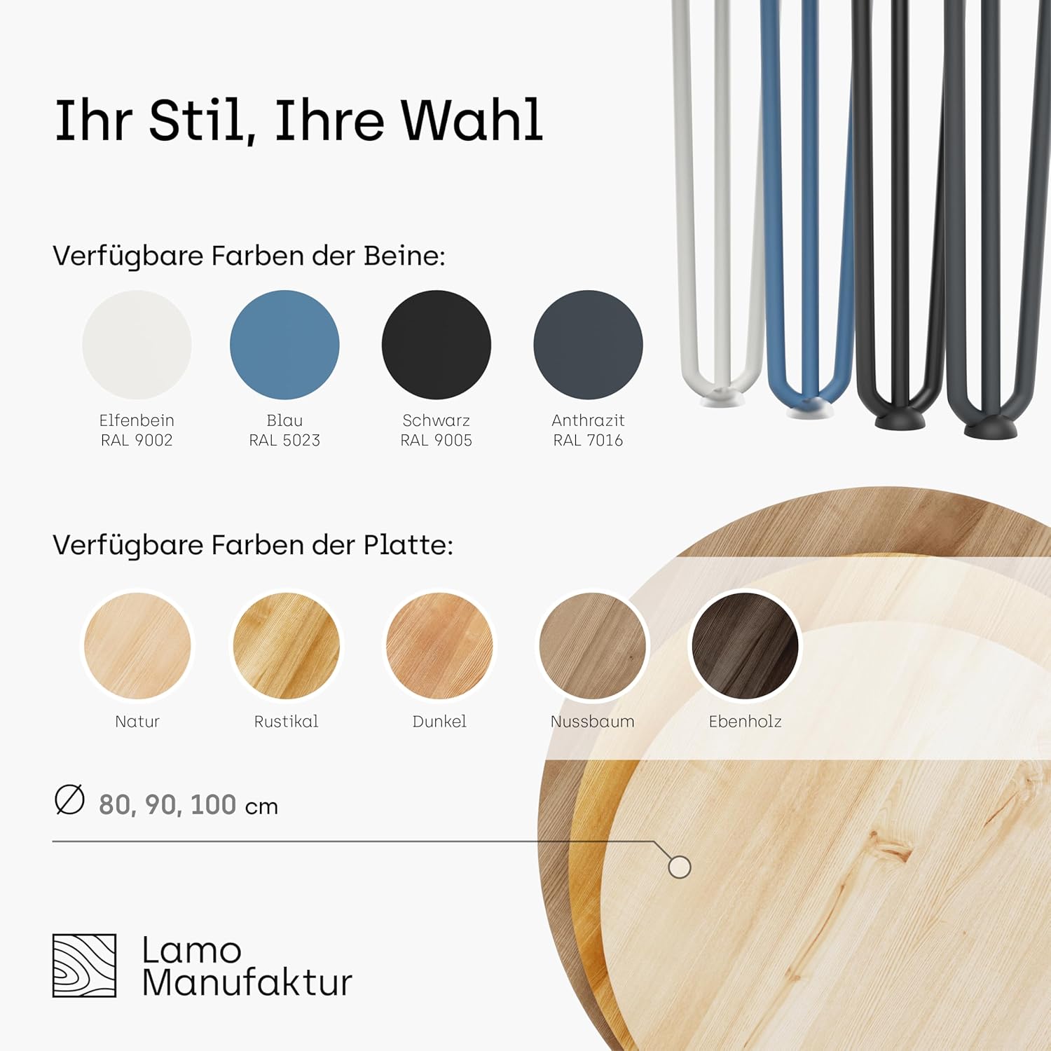 LAMO Manufaktur Esstisch rund 100cm | Wohnzimmertisch Holz, Bistrotisch | Runder Tisch für Küche, Restaurant | Stärke: 40mm, Farbe: Rustikal, Beine: Elfenbein
