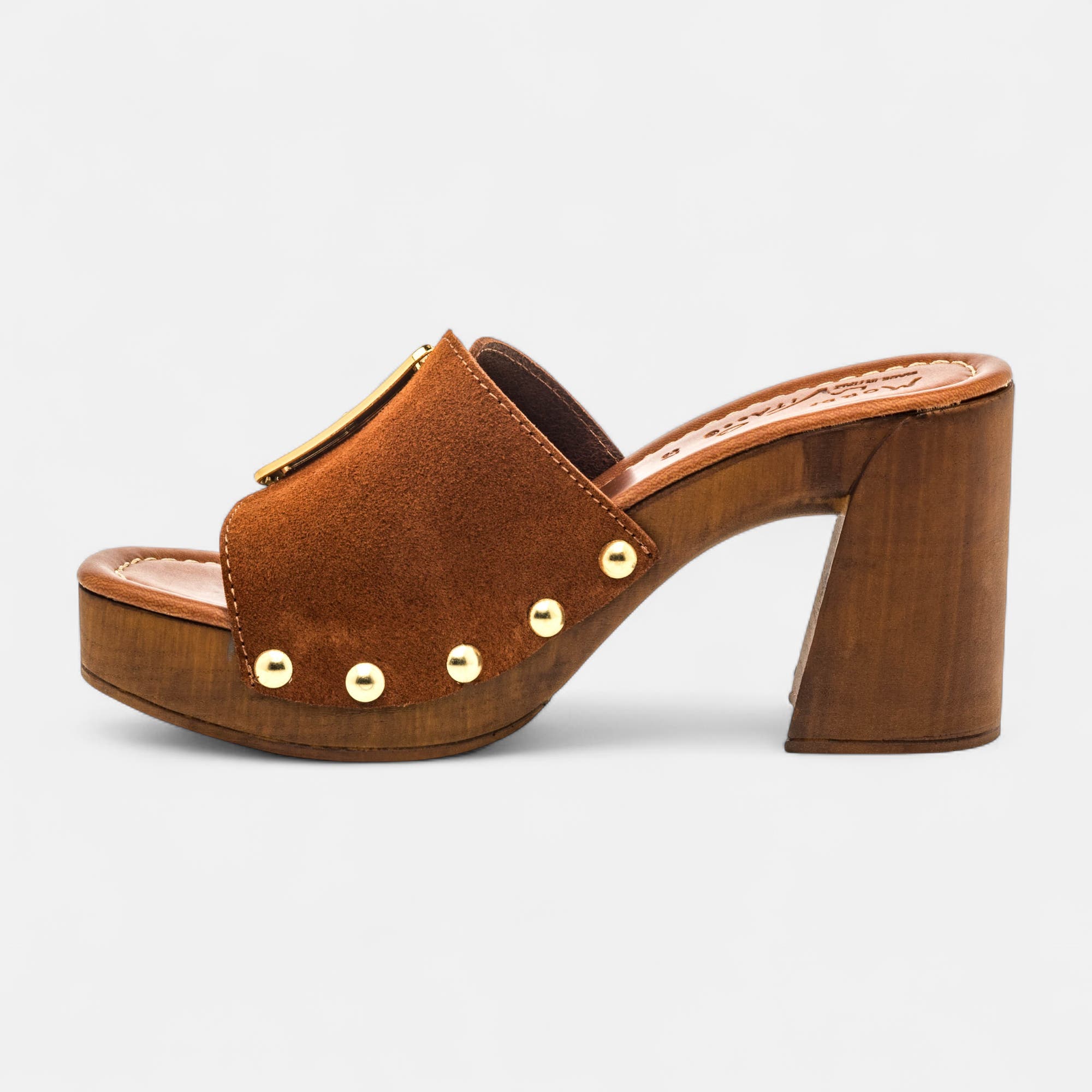 Chaussures semelle bois à talon Femme en cuir cognac