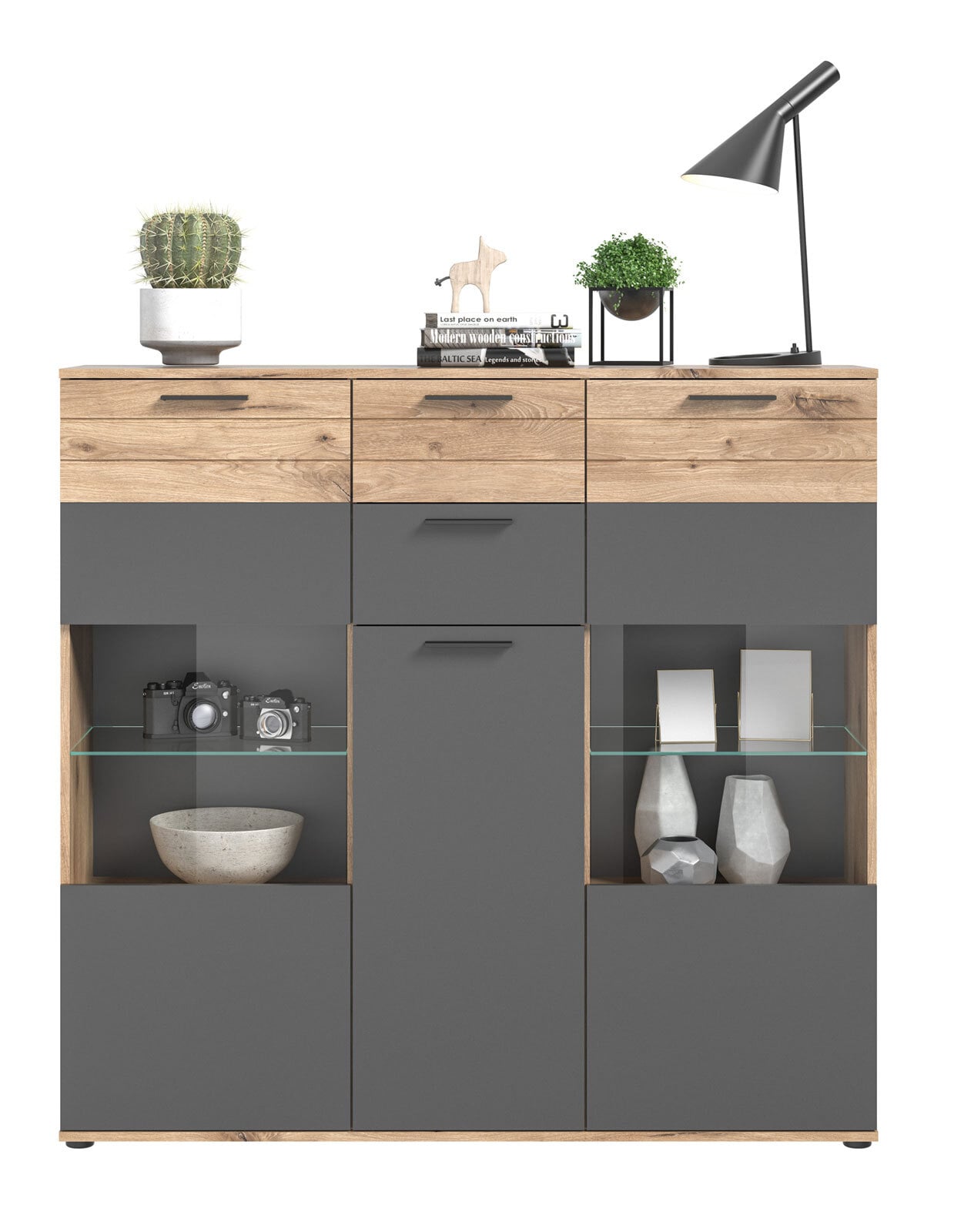 Highboard Mason Basalt Grau - Nox-Oak-Holzoptik 140x134x37 cm