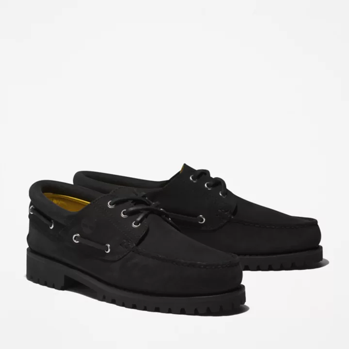 Sapato náutico masculino preto, costurado à mão, com 3 ilhós.