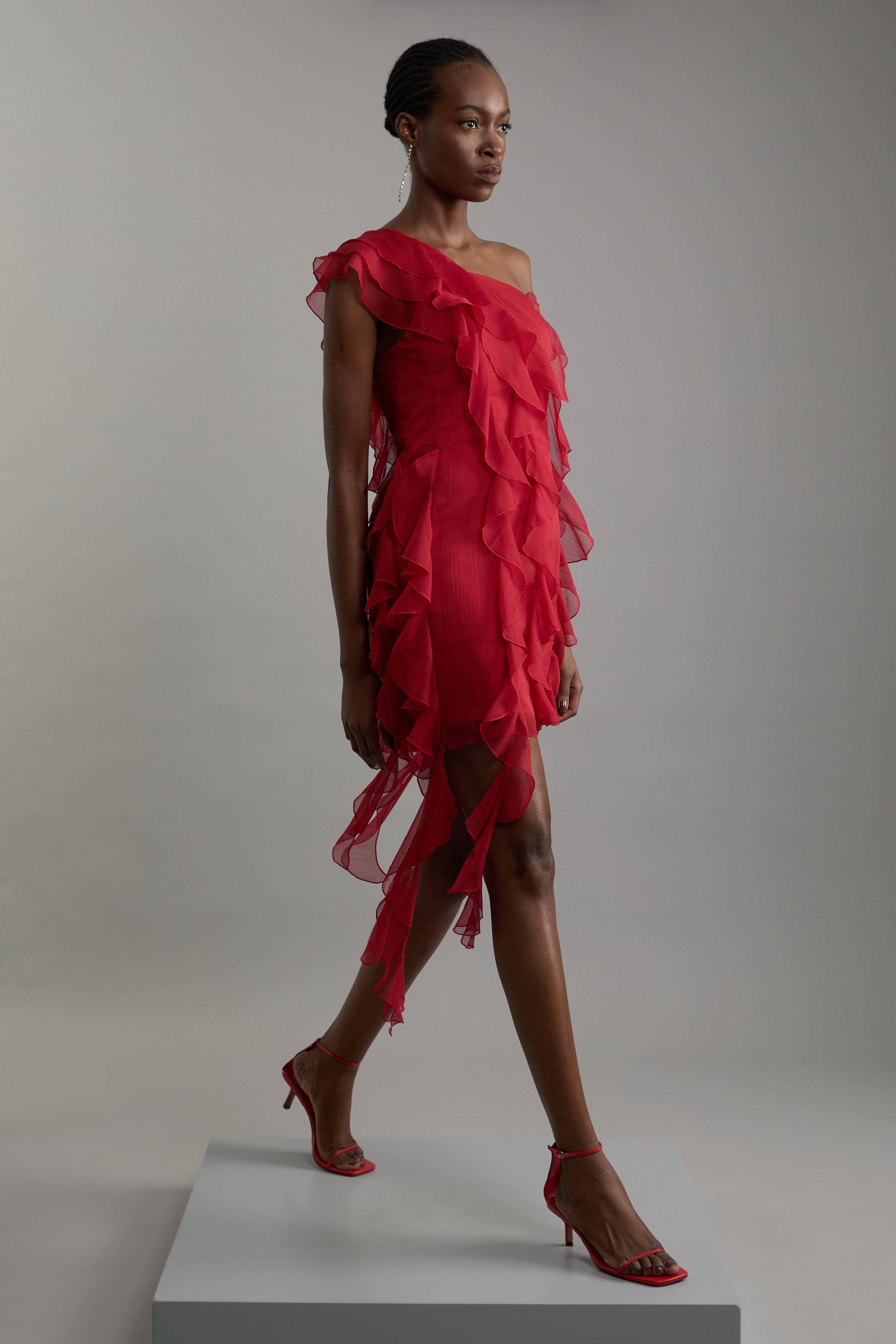 KarenMillen Robe midi tissée en géorgette premium en viscose avec panneaux et détails de volant