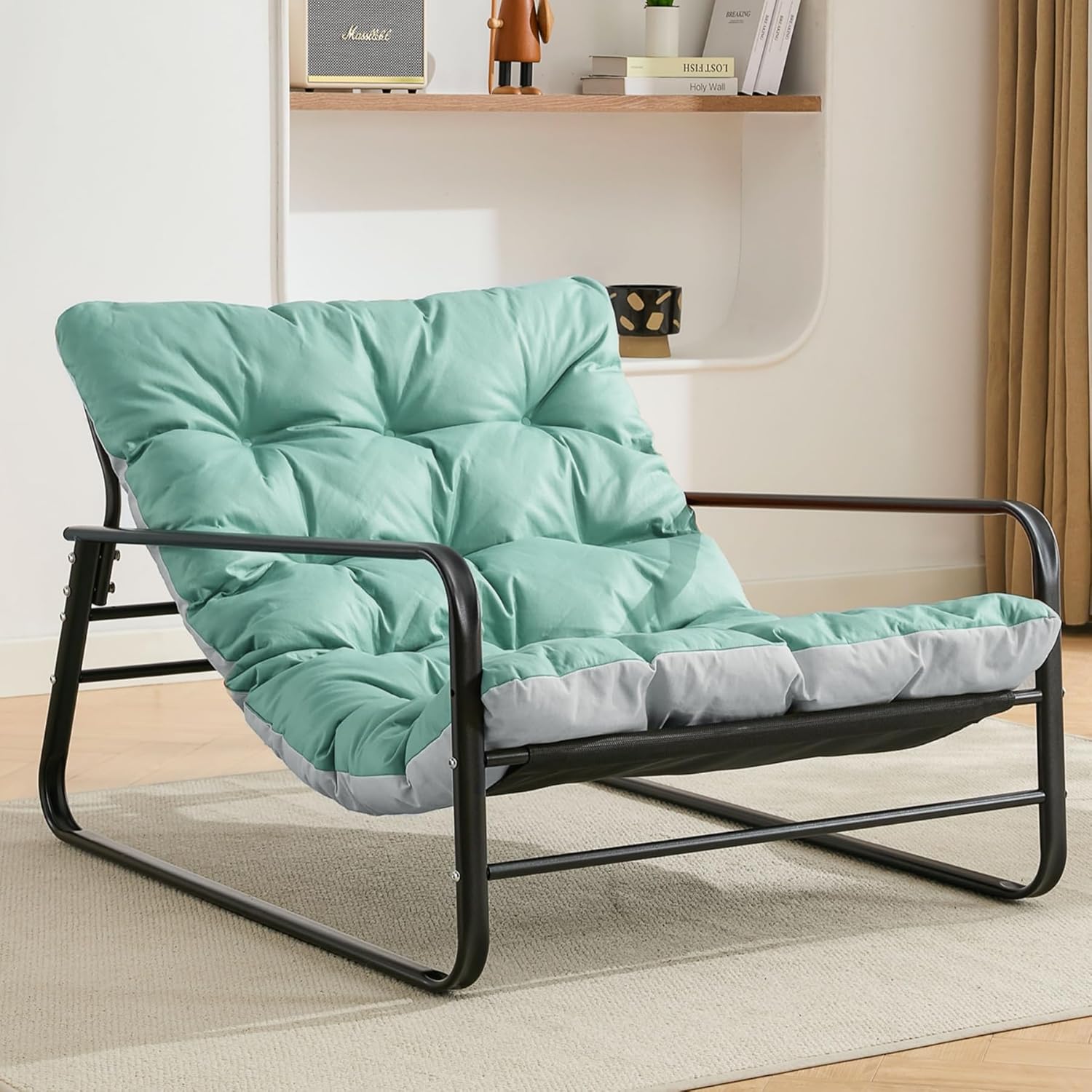 Sessel wohnzimmer Loungesessel Gartenliege mit Wendekissen Garten Liegestuhl Balkon möbel aus Stahl gepolsterter Stuhl für 2 Personen Gartensessel outdoor Relaxliege Balkon Garten Terrasse (Blau+Grau)