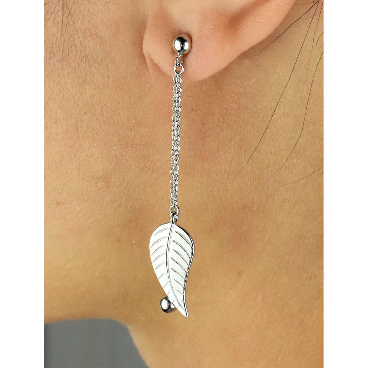 Boucles d'oreilles feuille et boule pendantes 2 chaines Argent 925 Rhodié