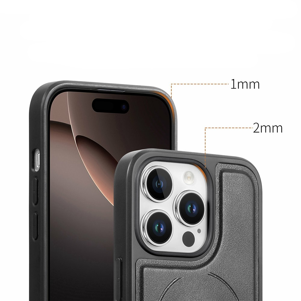 iPhone 16 Pro MagSafe Hybrid Hardcase Hülle mit Leder Rückseite   Finger Griff Halterung - Schwarz